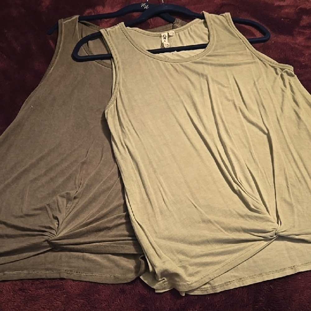 2 Women's Sleeveless Twist Knot Tops - Olive and Tan